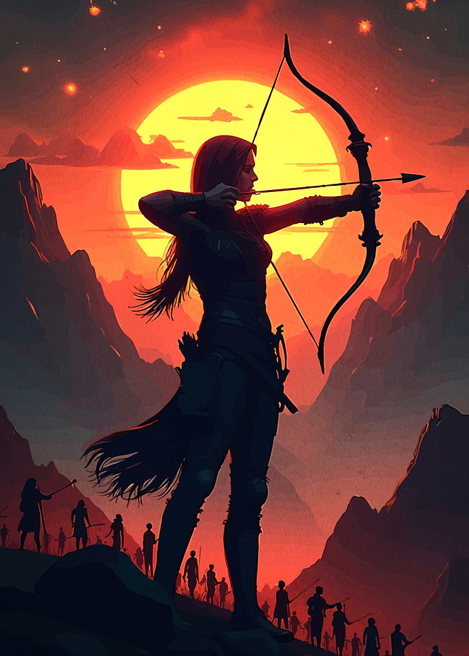 Archeress silhouetted against a sunset