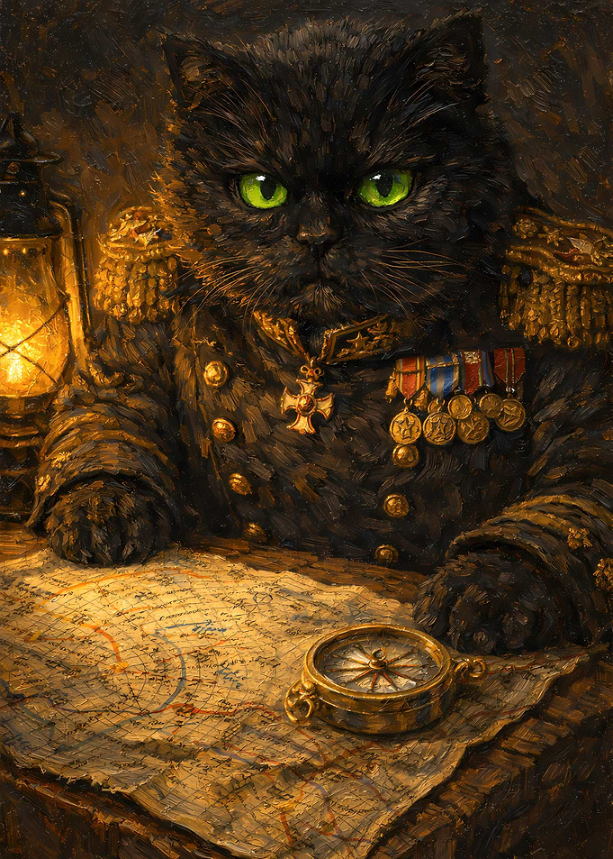 Black Cat Animal Soldier Leader Oil Painting