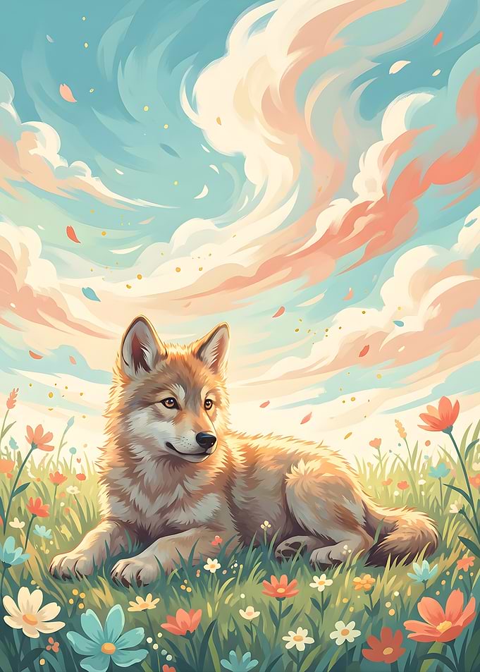 Cute Wolf in a Field of Flowers