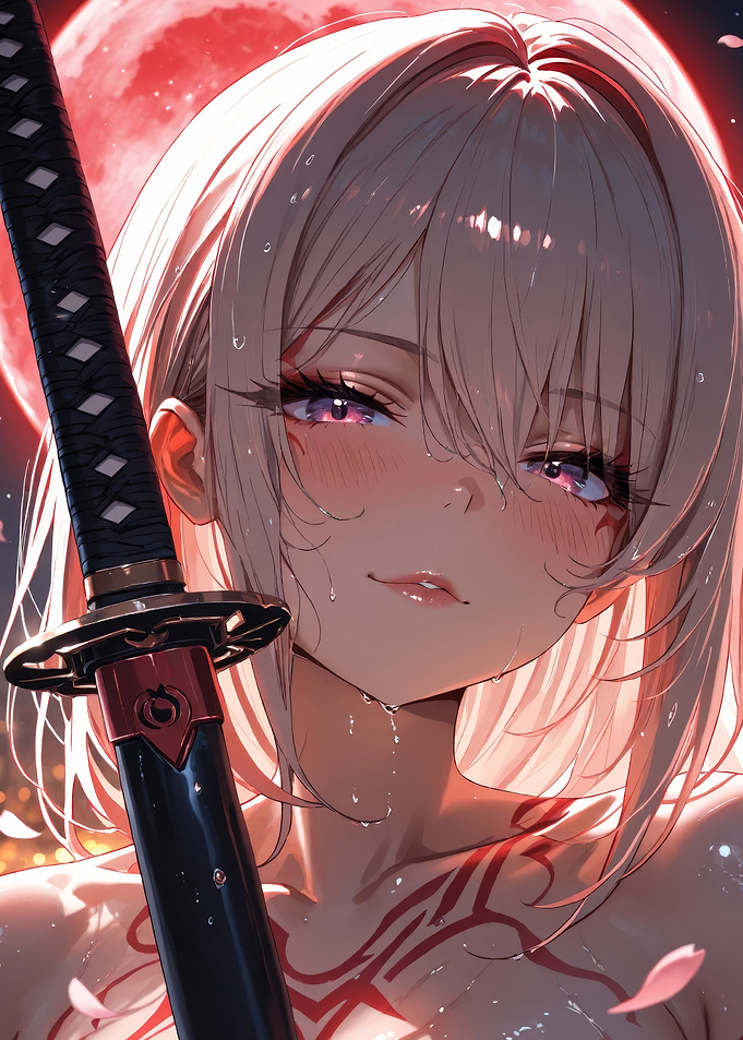 Anime Girl with Katana and Red Moon