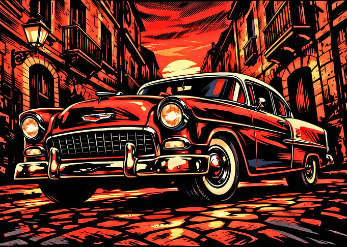 Retro Red Car at Sunset