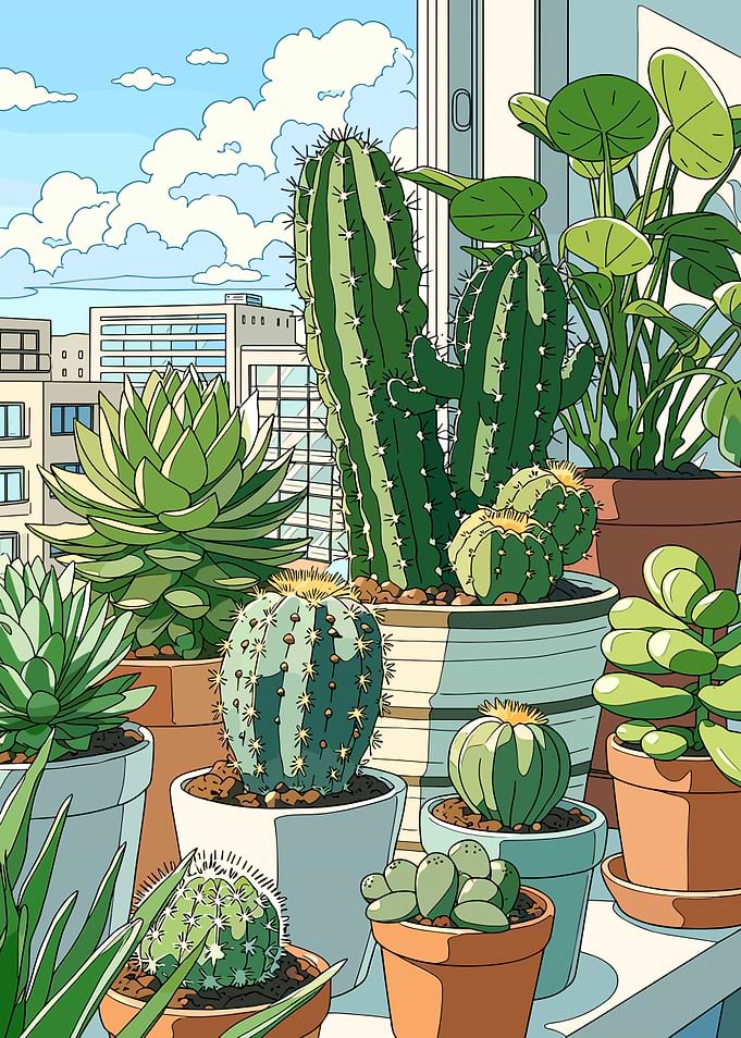 Potted Cacti and Succulents on a Balcony