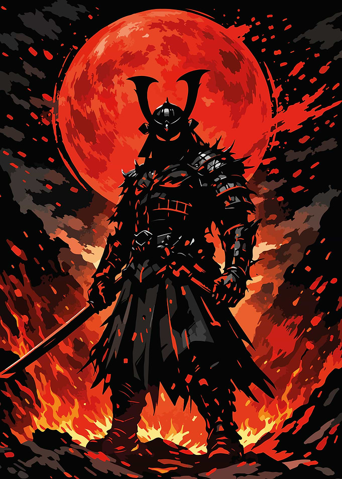 Samurai Demon Under Red Moon