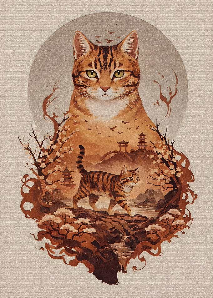 Japanese Cat Landscape Painting
