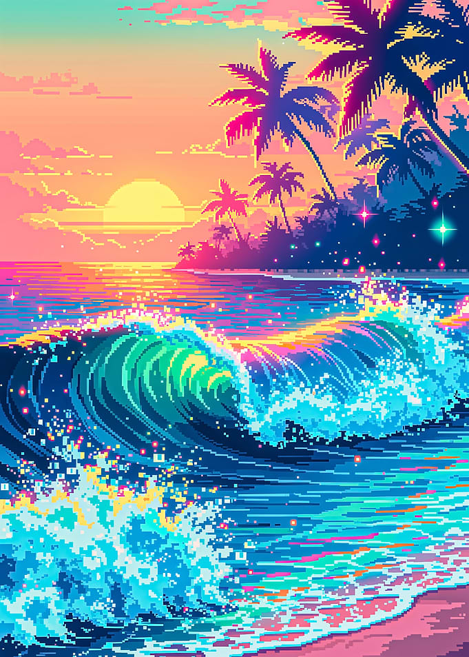 Pixel Art Tropical Sunset Wave