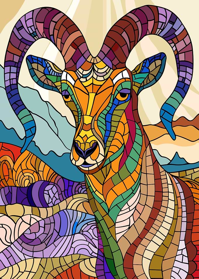 Stained Glass Ram in Mountains