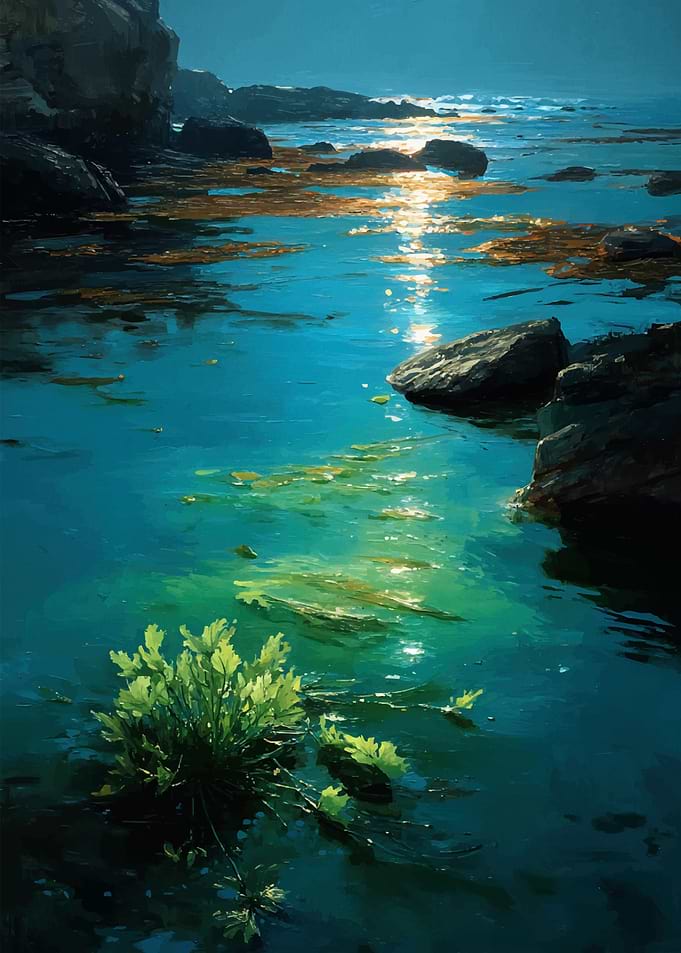 Moonlit Ocean Cove with Kelp