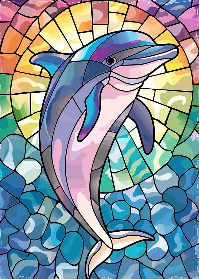 Stained Glass Dolphin in Waves