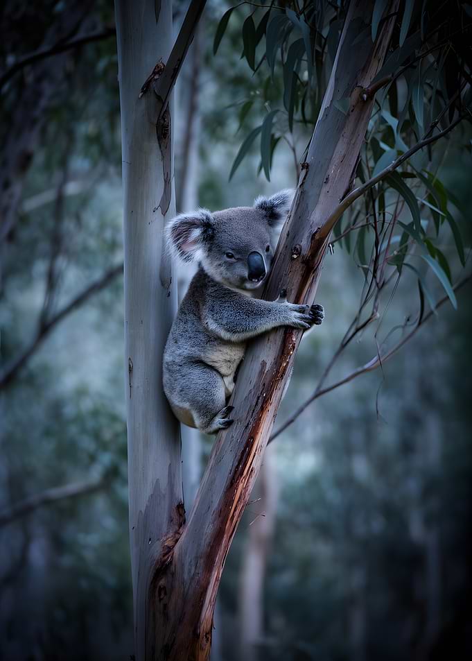 Koala clinging to a eucalyptus tree