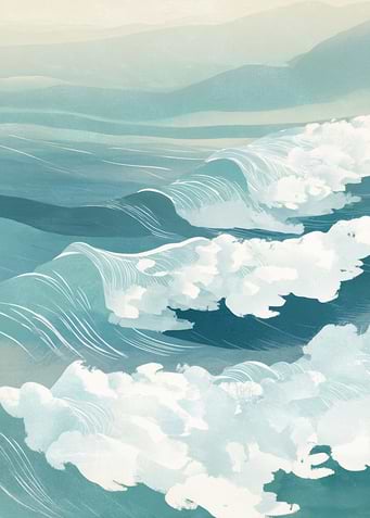 Stylized Ocean Waves and Distant Hills