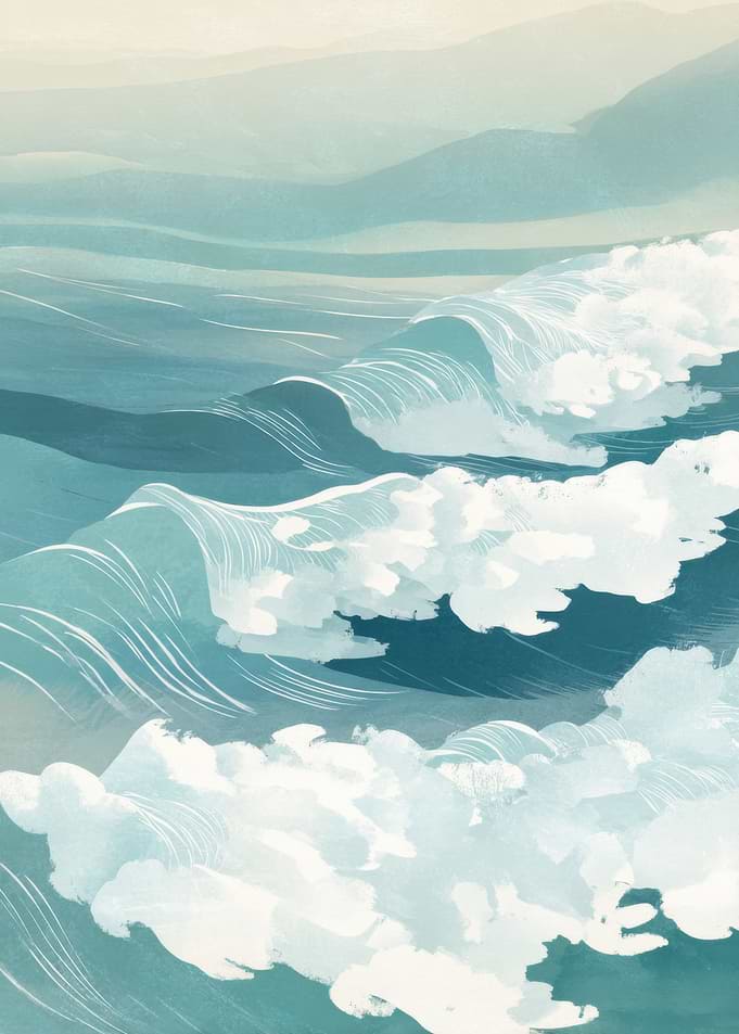 Stylized Ocean Waves and Distant Hills