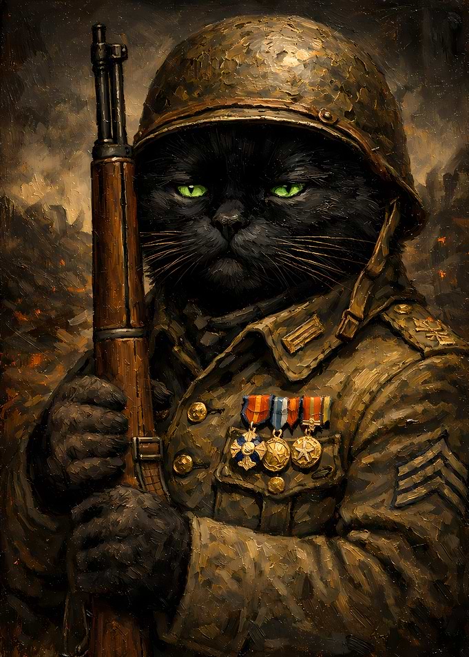 Black Cat Animal Soldier Oil Painting