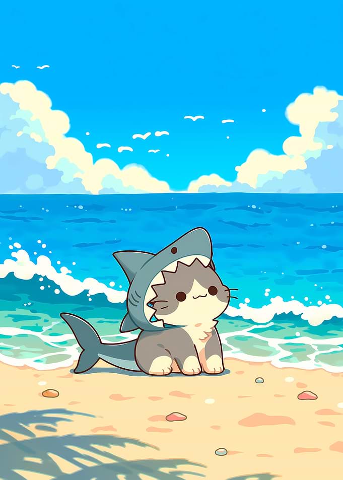 Cute Cat in Shark Costume on Beach