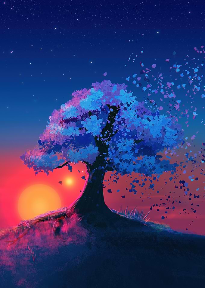 Tree with falling leaves at sunset
