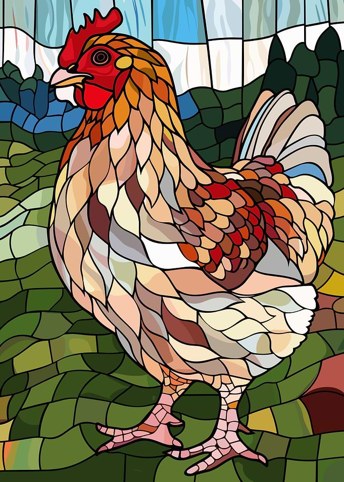 Stained Glass Chicken in a Field