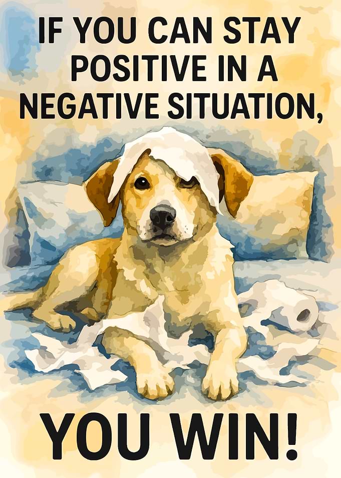 Dog with towel on head, inspirational quote