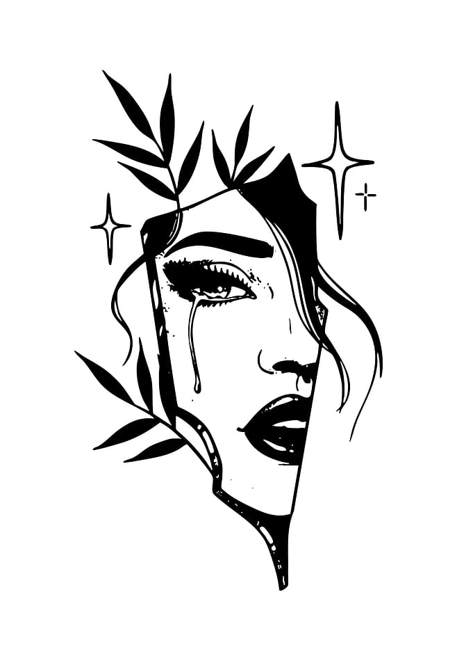 Sad Woman with Flowers and Stars
