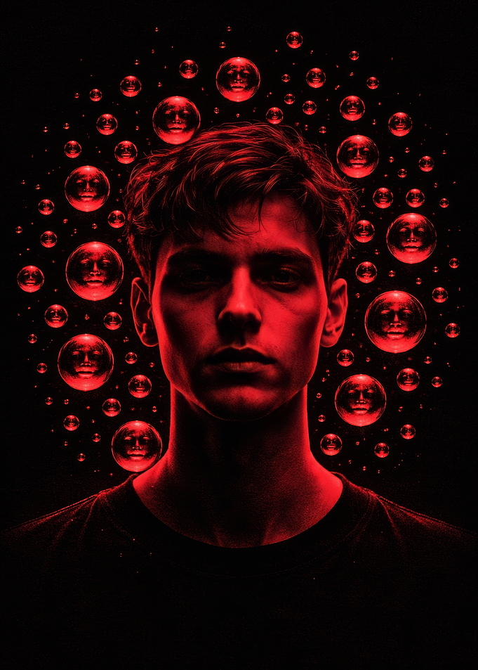 Man surrounded by red faces in bubbles