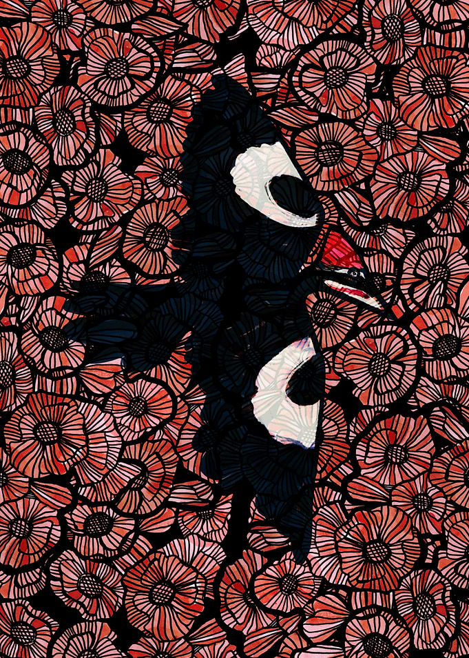 Woodpecker Amidst Floral Pattern