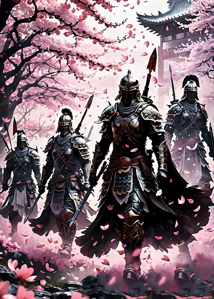 Samurai Warriors in Cherry Blossom Forest