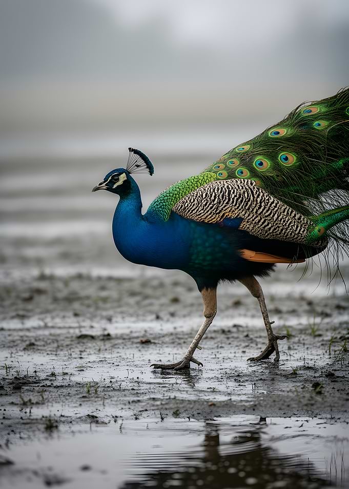 Peacock walking in wet ground