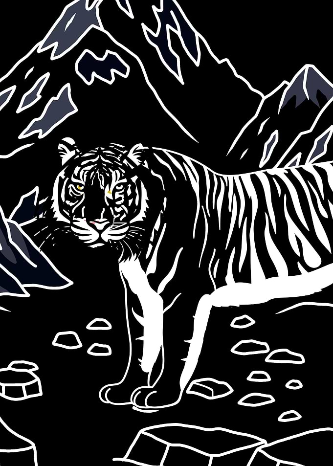 Tiger in a Mountainous Landscape