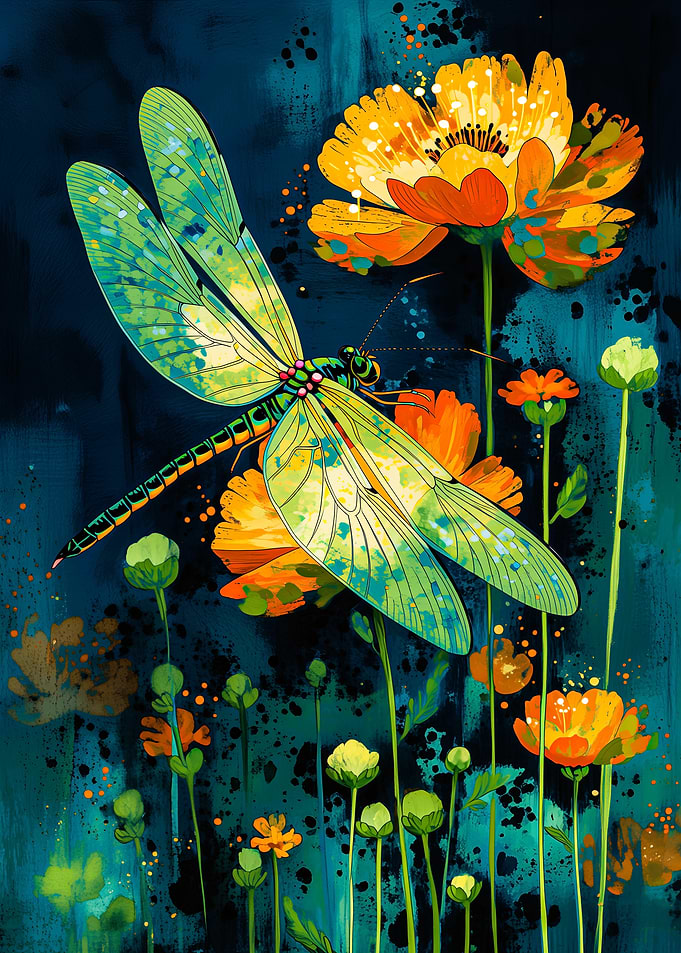 Dragonfly and Flowers Painting