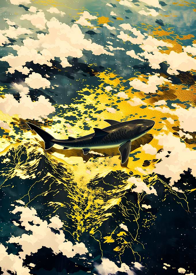 Shark swimming through clouds