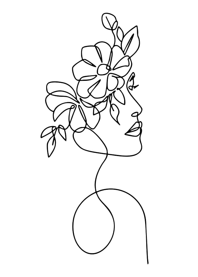 One Line Drawing of Woman with Flowers
