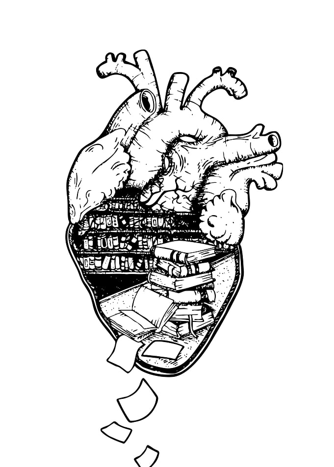Heart Library with Falling Papers