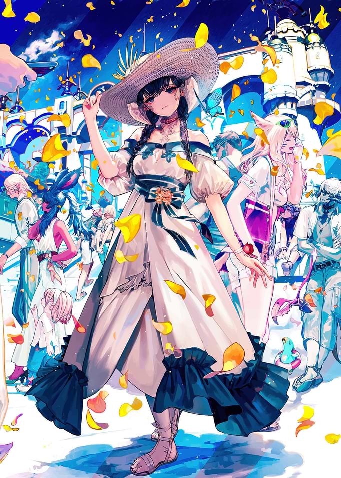 Anime Girl in a White Dress with Flower Petals