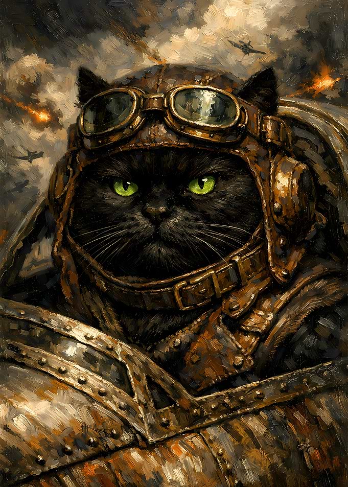 Black Cat Animal Soldier Aviator Oil Painting