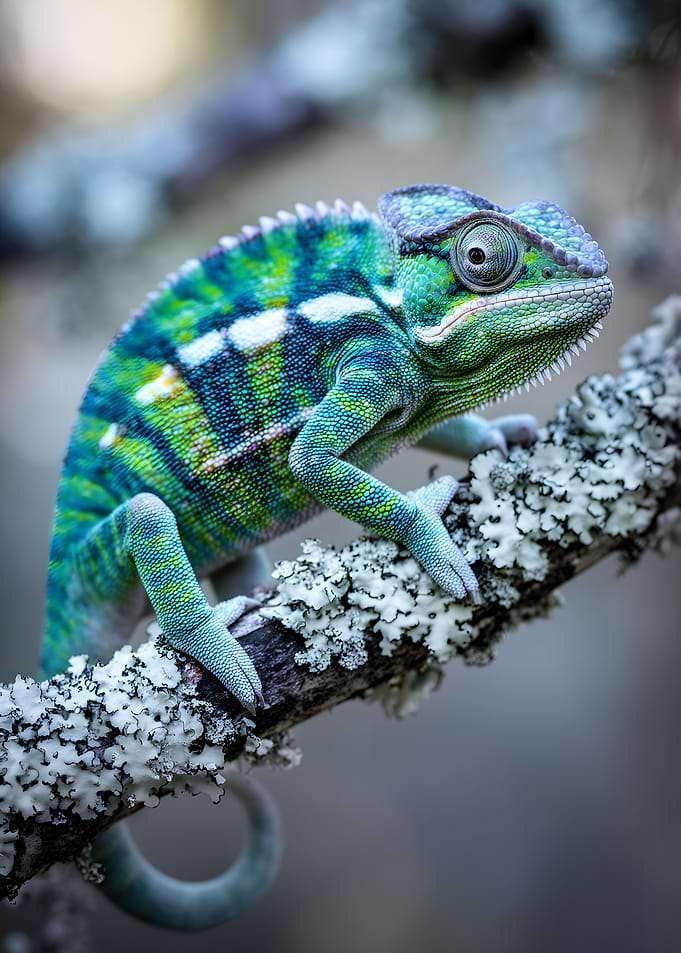 Chameleon on a lichen-covered branch