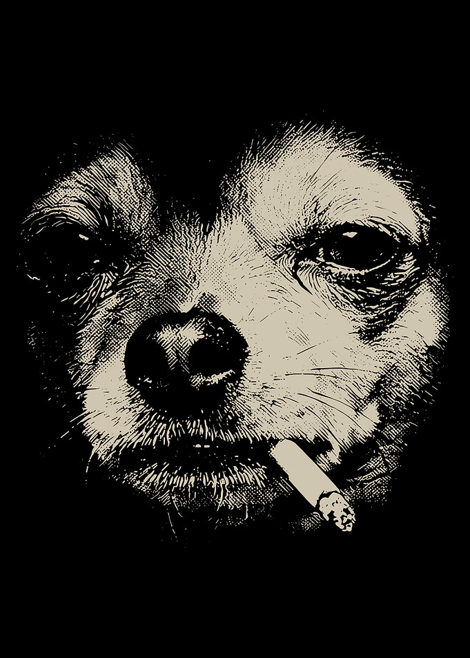 Gritty Dog Poster, Dark Animal Illustration Print, Black and Beige Etched Wall Art