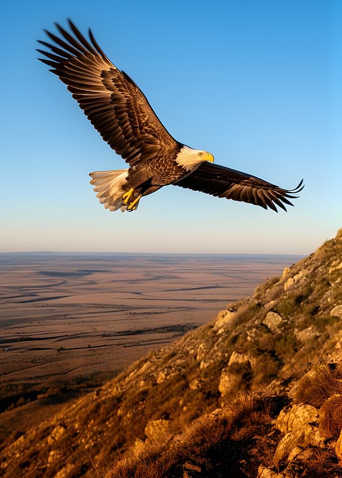 Bald Eagle Soaring Over a Mountainous Landscape