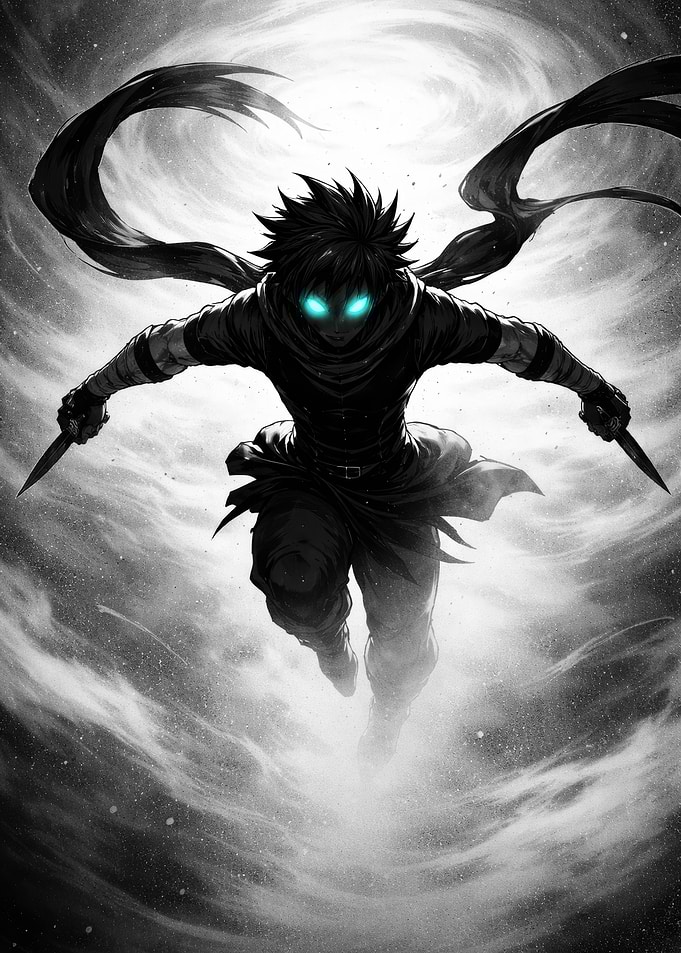 Anime Ninja with Glowing Eyes and Knives