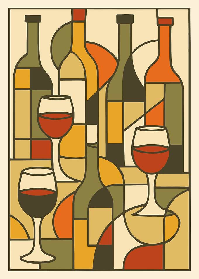 Abstract Wine Bottles and Glasses