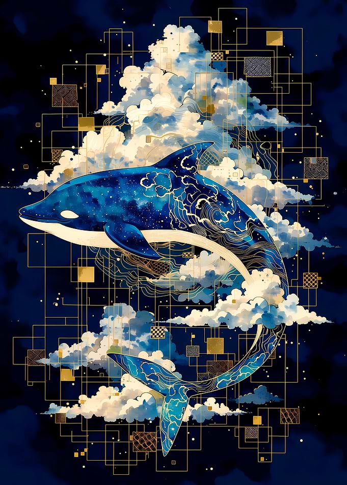 Whimsical Orca in Celestial Clouds