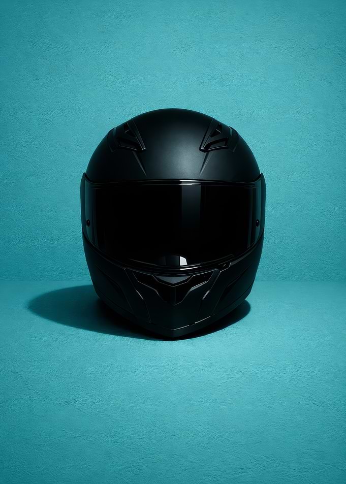 Black Motorcycle Helmet on Teal Background