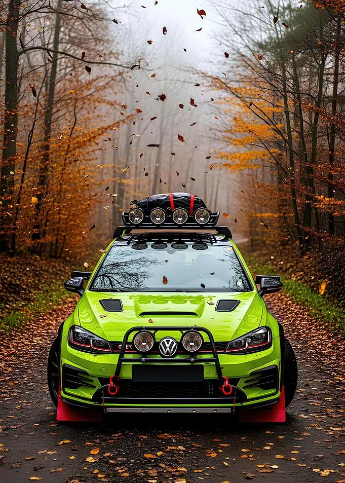 Lime Green Off-Road Car in Autumn Forest