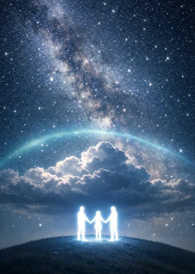Family holding hands under the Milky Way
