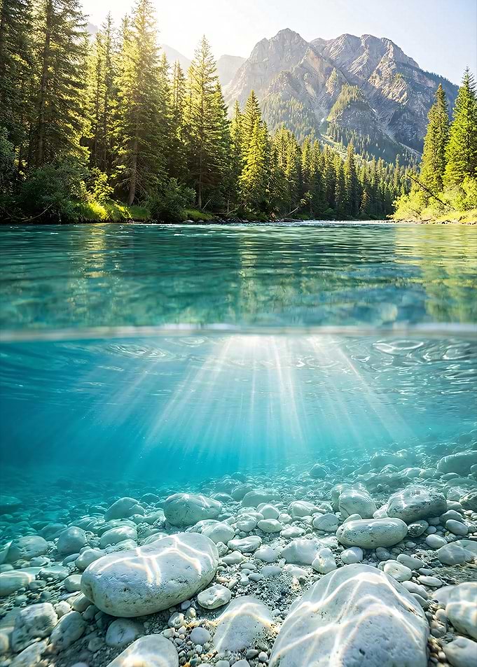 Turquoise River Split View: Mountain Forest & Underwater