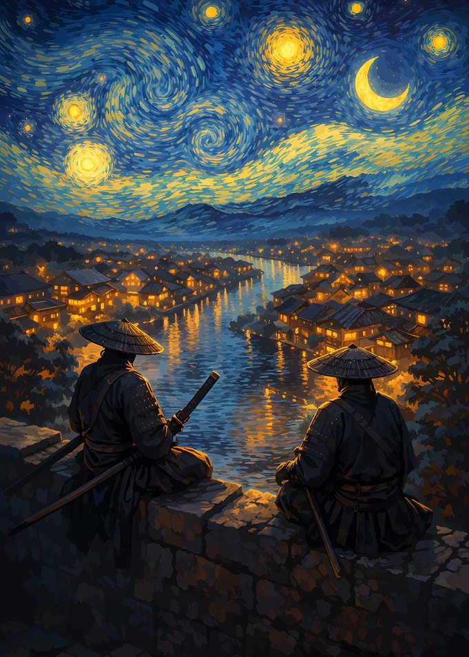 Samurai Overlooking a Starry Night Cityscape