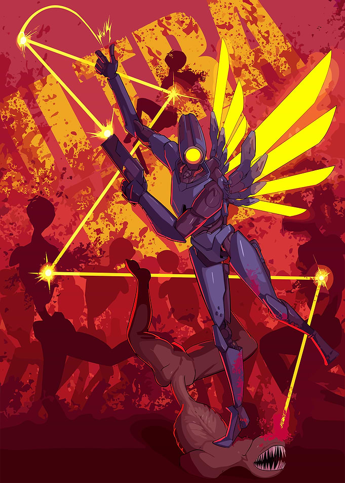 Robot Warrior Standing Over Defeated Foe