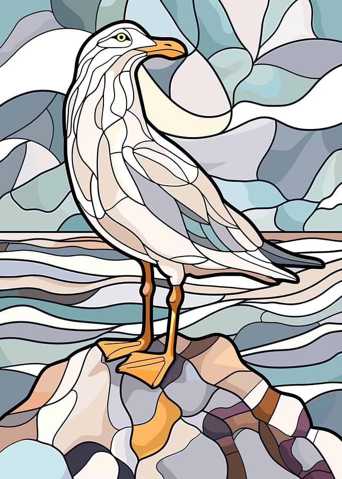 Stained Glass Seagull on Rock