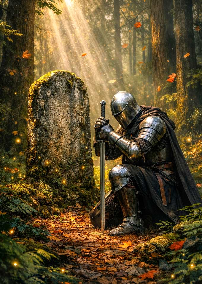 Knight kneeling at a tombstone