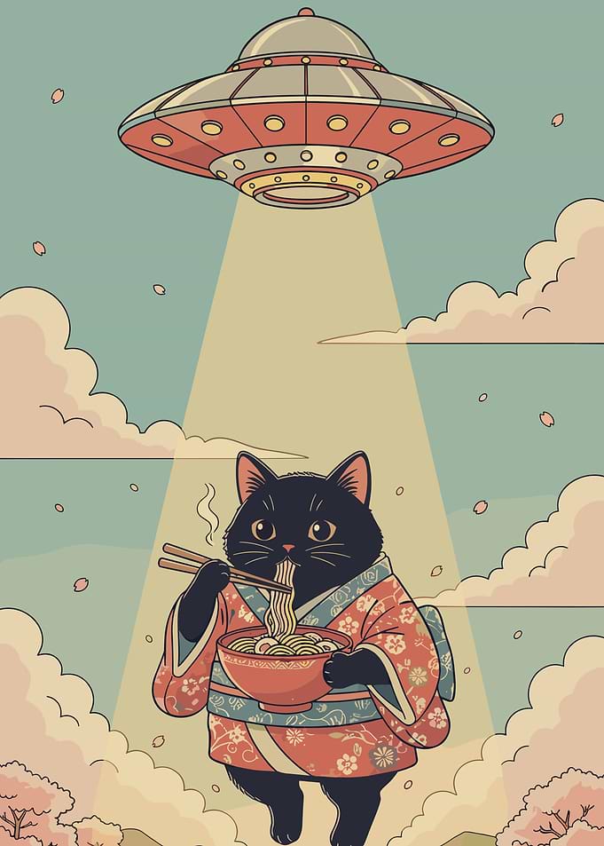 Cat in Kimono Eats Ramen Under UFO