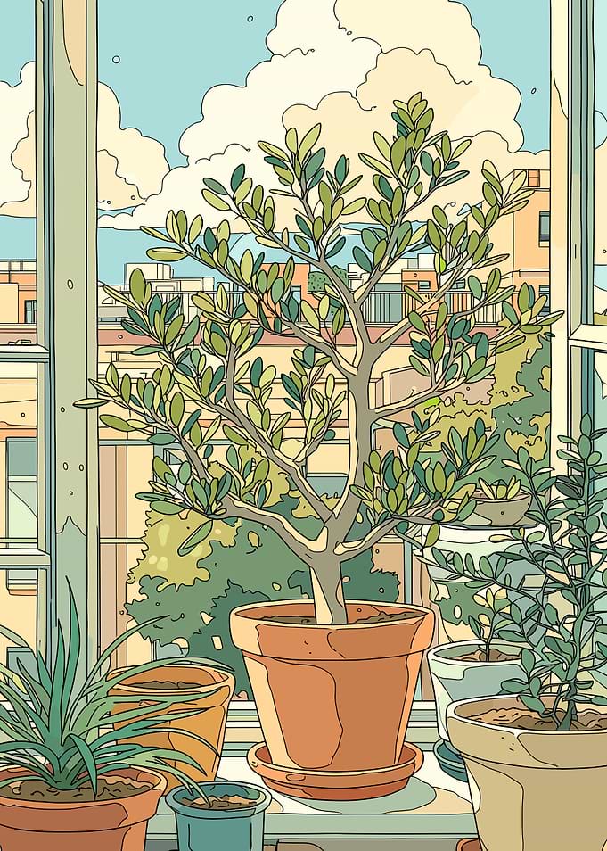 Potted plants on a windowsill overlooking a city