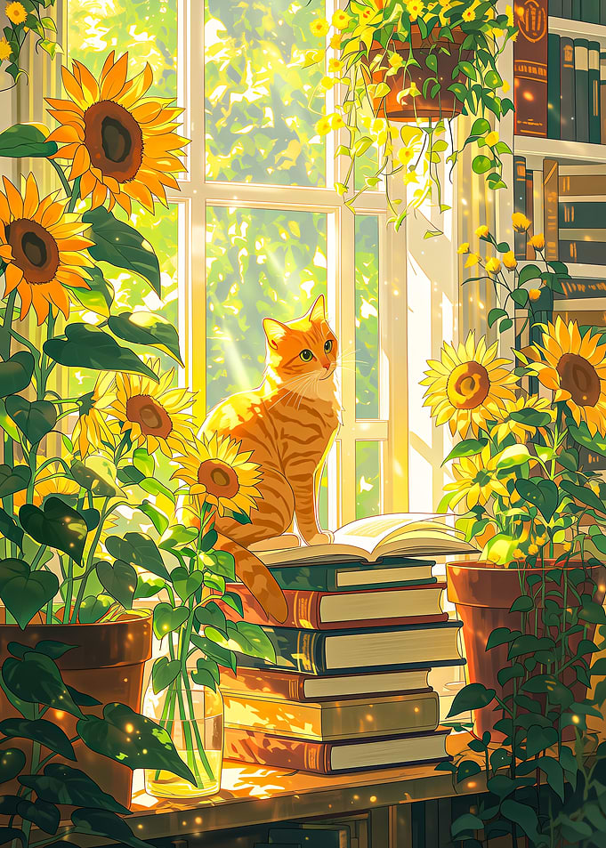 Cat Reading Among Sunflowers