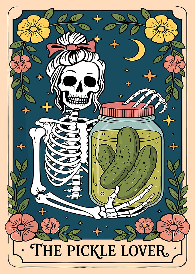 The Pickle Lover Poster, Quirky Skeleton Art Print, Whimsical Teal & Floral Wall Decor